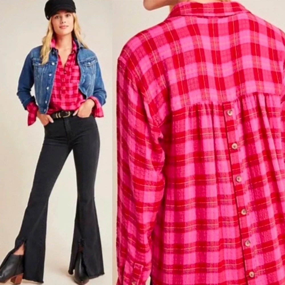 Anthropologie Isadora Pink Button Back Plaid Tunic Top Womens Size Small Popover - Picture 2 of 16